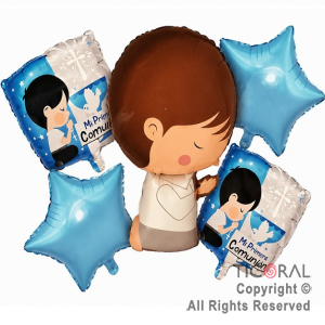 SET DE GLOBOS METALIZADO COMUNION NENE CELESTE 5 UNIDADES